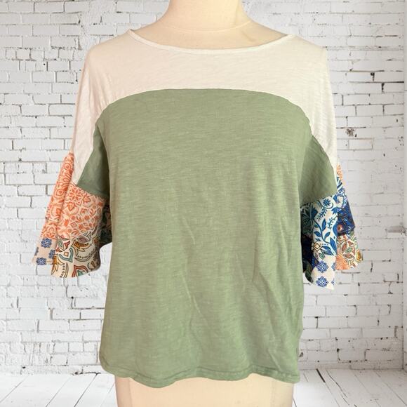 Umgee USA Colorblock Paisley Ruffle Sleeves Top Sz M Blouse 46"Bust 100% Cotton - Picture 2 of 8